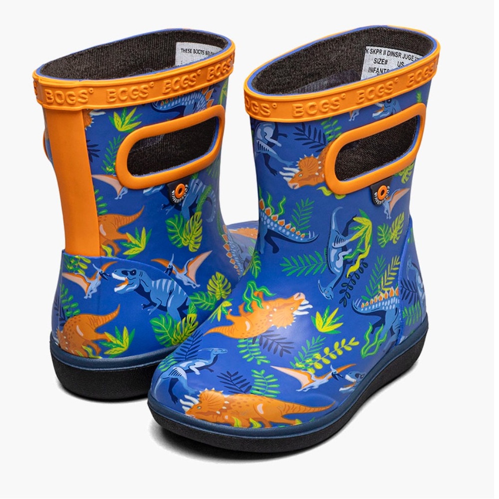 Bogs Kids Blue Orange Dinosaur Print Rain Boots
